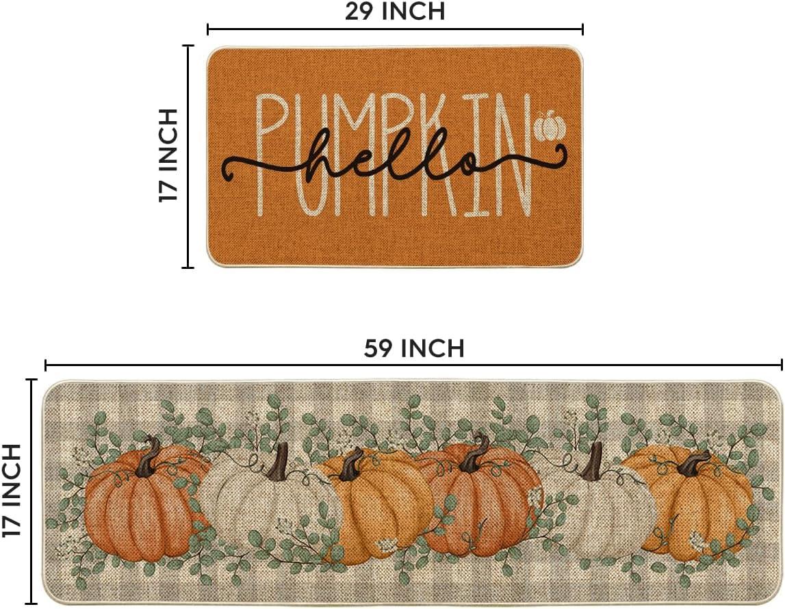 imageArtoid Mode Buffalo Plaid Hello Pumpkin Eucalyptus Fall Kitchen Mats Set of 2 Home Decor LowProfile Kitchen Rugs for Floor 17x29 and 17x47 InchOrange