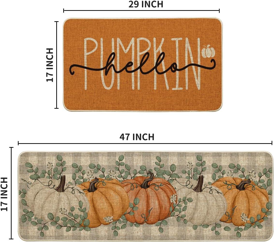 imageArtoid Mode Buffalo Plaid Hello Pumpkin Eucalyptus Fall Kitchen Mats Set of 2 Home Decor LowProfile Kitchen Rugs for Floor 17x29 and 17x47 InchOrange