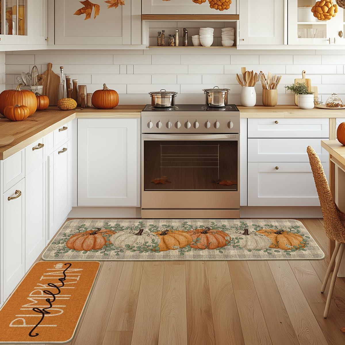 imageArtoid Mode Buffalo Plaid Hello Pumpkin Eucalyptus Fall Kitchen Mats Set of 2 Home Decor LowProfile Kitchen Rugs for Floor 17x29 and 17x47 InchOrange
