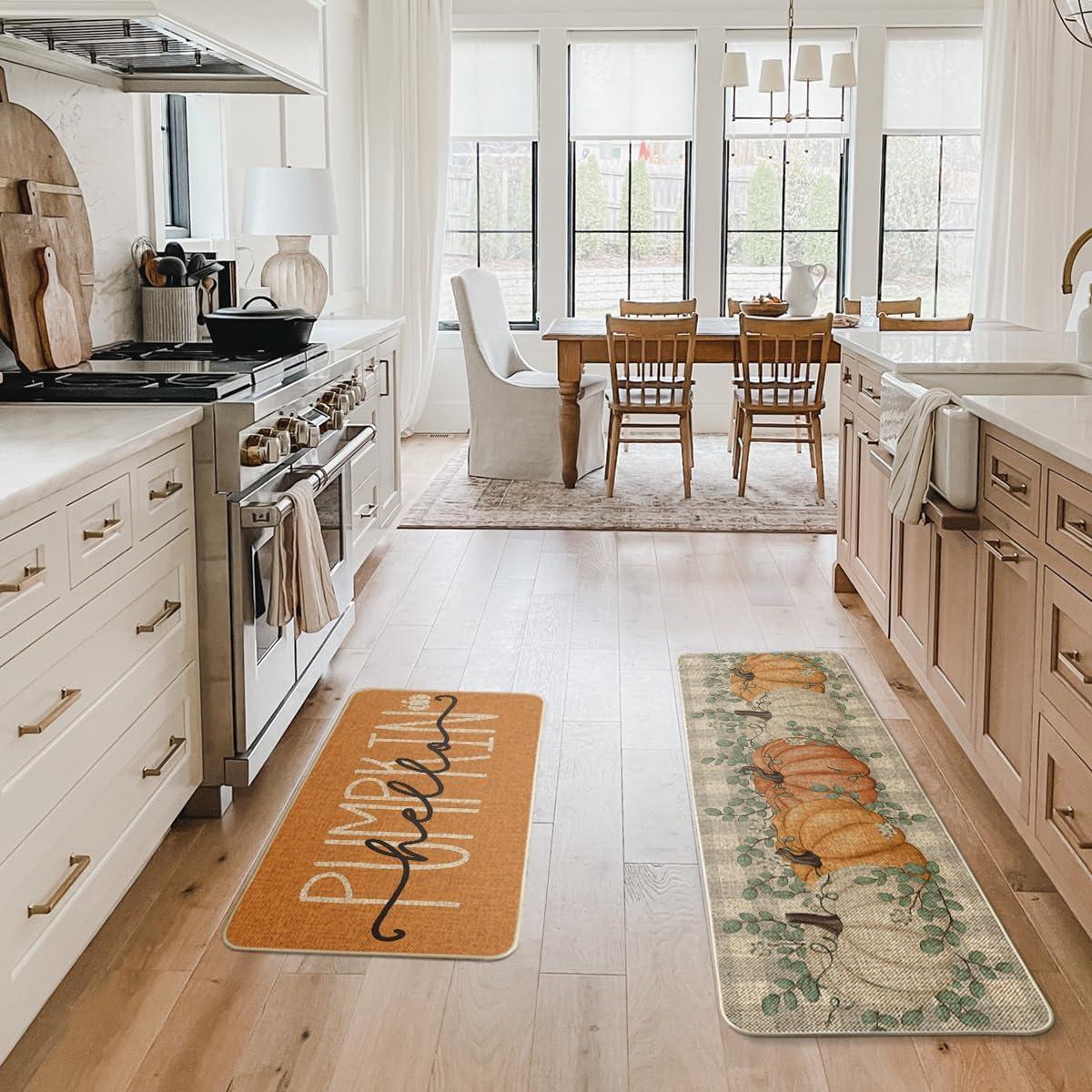 imageArtoid Mode Buffalo Plaid Hello Pumpkin Eucalyptus Fall Kitchen Mats Set of 2 Home Decor LowProfile Kitchen Rugs for Floor 17x29 and 17x47 InchOrange