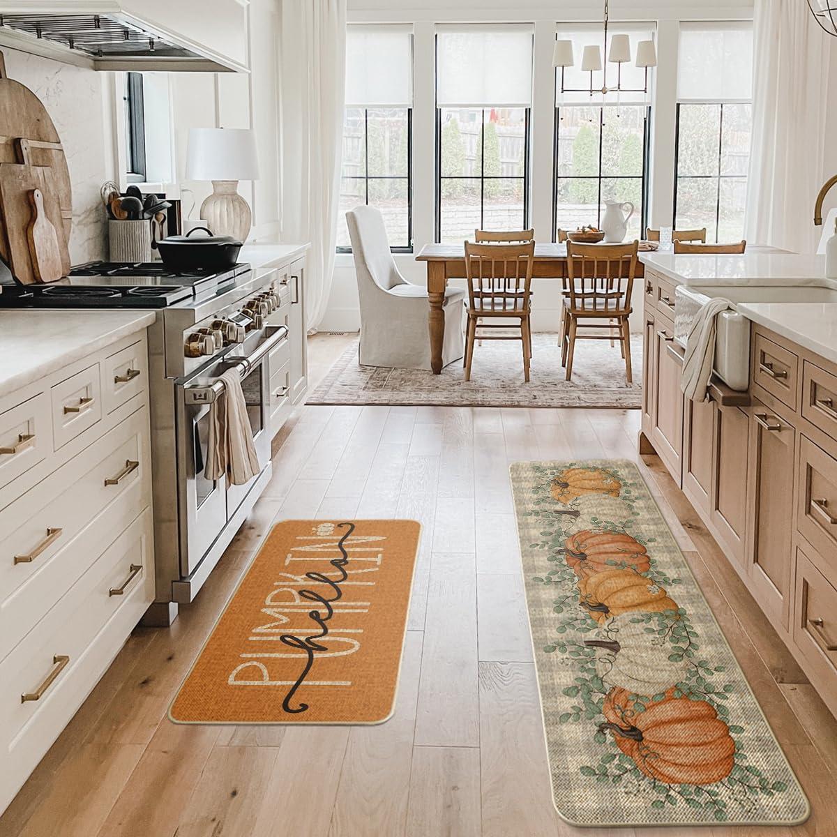 imageArtoid Mode Buffalo Plaid Hello Pumpkin Eucalyptus Fall Kitchen Mats Set of 2 Home Decor LowProfile Kitchen Rugs for Floor 17x29 and 17x47 InchOrange