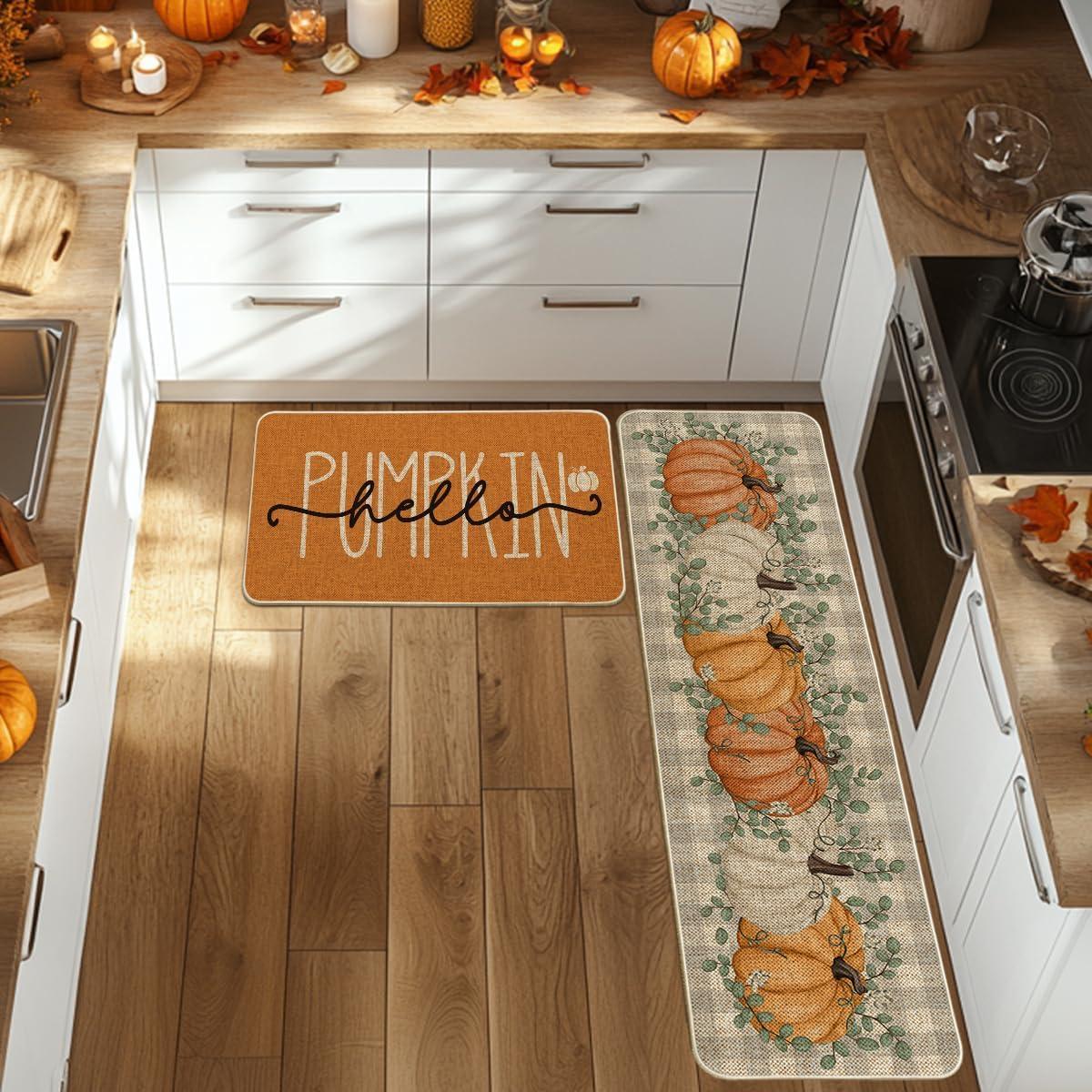 imageArtoid Mode Buffalo Plaid Hello Pumpkin Eucalyptus Fall Kitchen Mats Set of 2 Home Decor LowProfile Kitchen Rugs for Floor 17x29 and 17x47 InchOrange