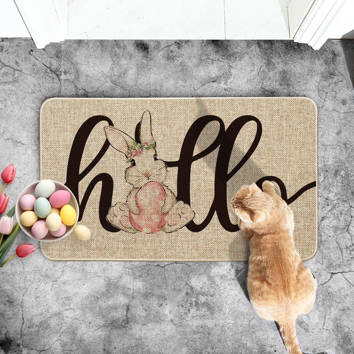 imageArtoid Mode Bunny Rabbit Pink Egg Hello Easter Doormat Beige Home Decor LowProfile Switch Rug Door Mat Floor Mat for Indoor Outdoor 17x29 Inch DM060BE