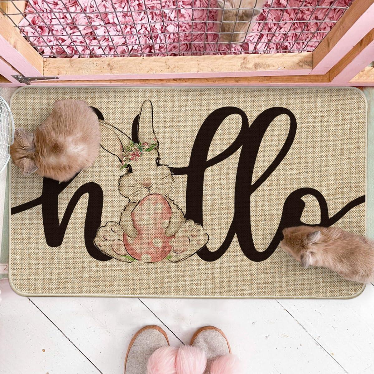 imageArtoid Mode Bunny Rabbit Pink Egg Hello Easter Doormat Beige Home Decor LowProfile Switch Rug Door Mat Floor Mat for Indoor Outdoor 17x29 Inch DM060BE