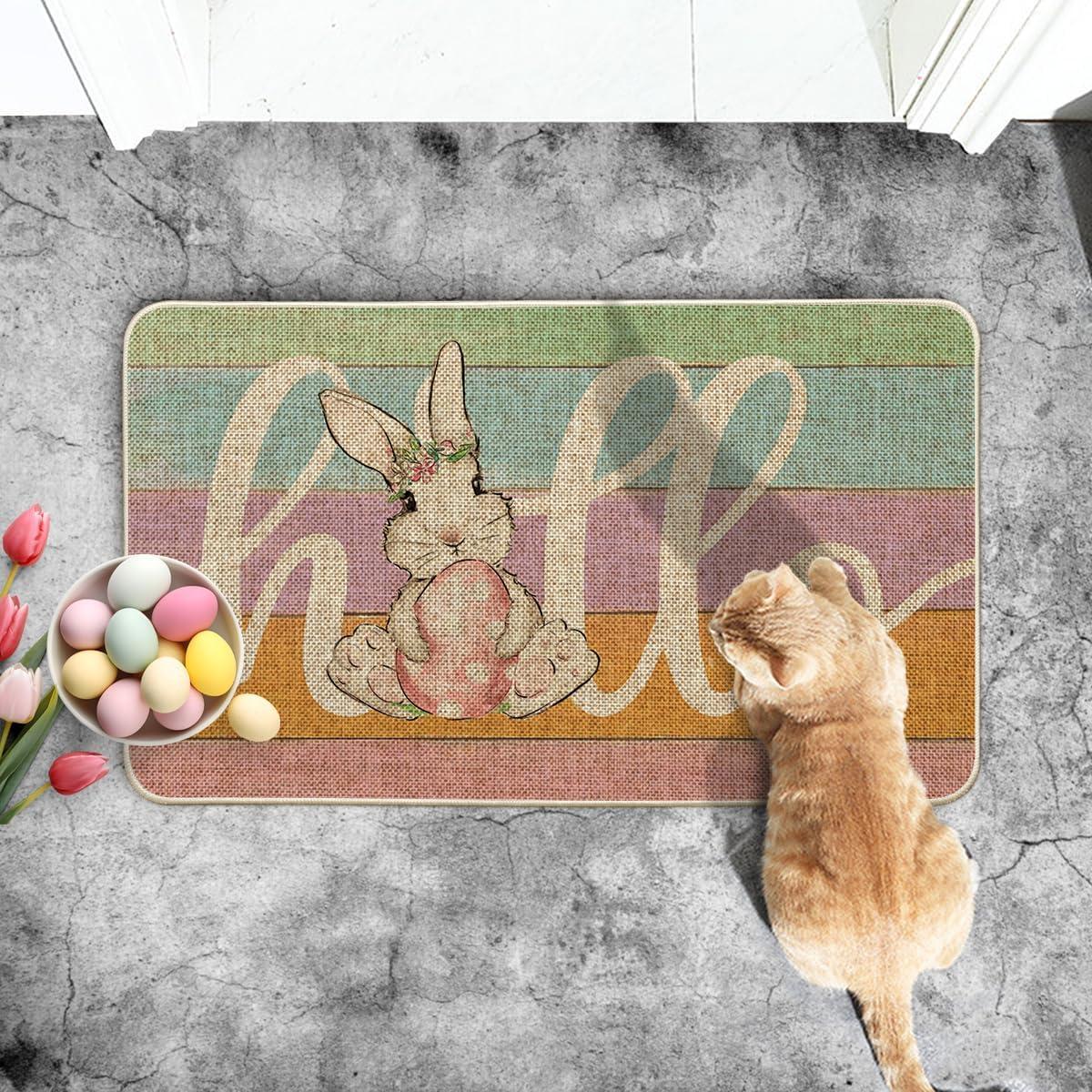 imageArtoid Mode Bunny Rabbit Pink Egg Hello Stripe Easter Doormat Home Decor LowProfile Switch Rug Door Mat Floor Mat for Indoor Outdoor 17x29 Inch