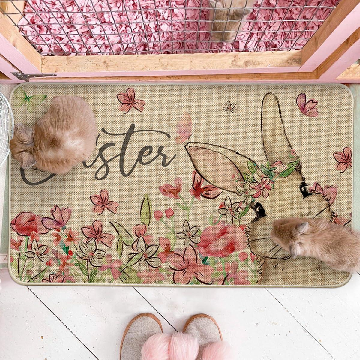 imageArtoid Mode Bunny Rabbits Floral Easter Doormat Elegant Home Decor LowProfile Switch Rug Door Mat Floor Mat for Indoor Outdoor 17x29 Inch