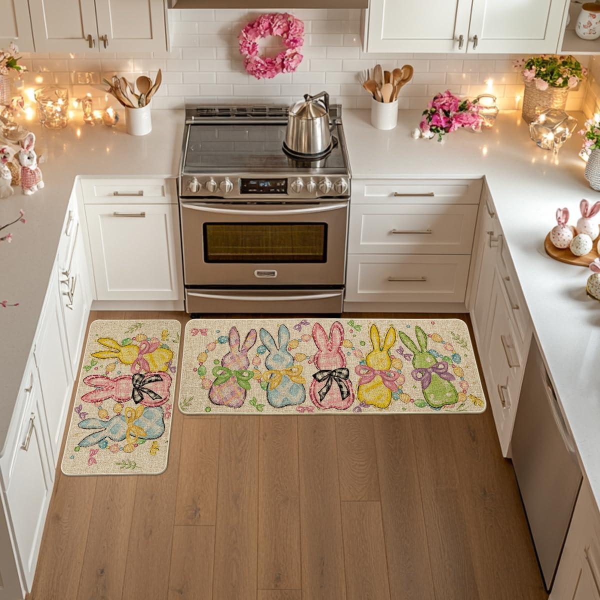 imageArtoid Mode Colorful Bow Tie Bunny Egg Beads Easter Kitchen Mats Set of 2 Spring Home Decor LowProfile Kitchen Rugs for Floor  17x29 and 17x47 InchBeige