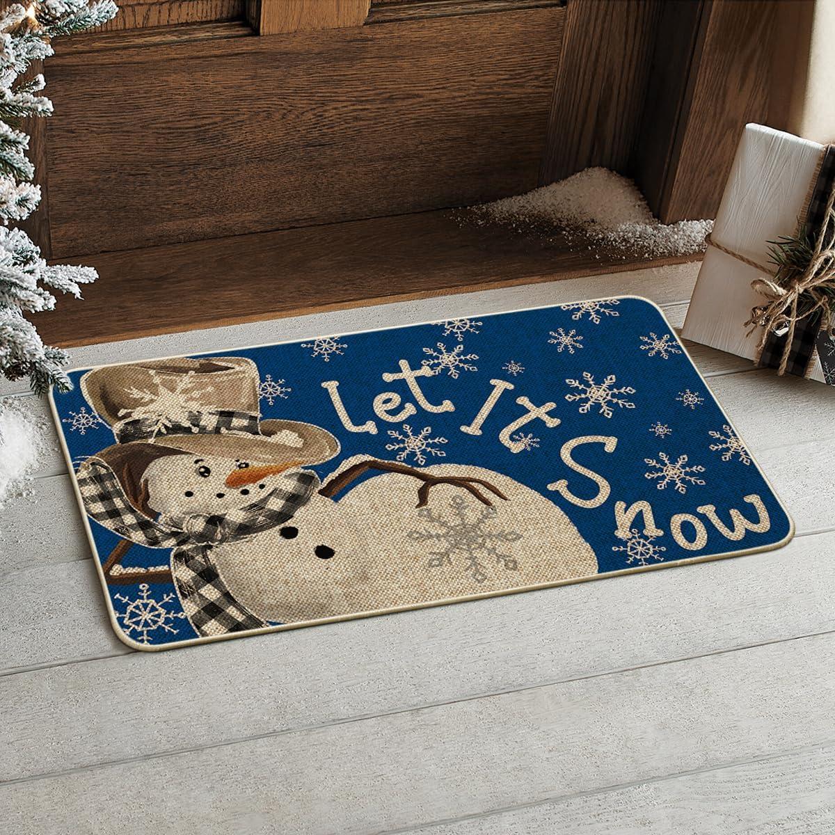 imageArtoid Mode Grey Snowflakes Snowman Let It Snow Winter Doormat Christmas Home Decor LowProfile Switch Rug Door Mat Floor Mat for Indoor Outdoor 17x29 InchBlue