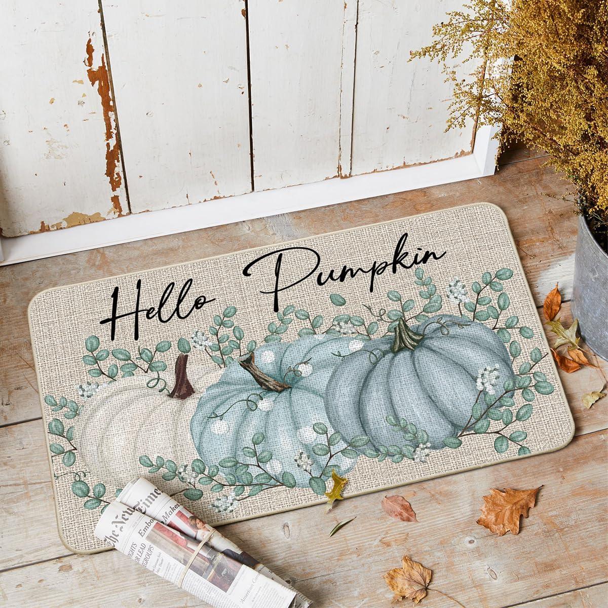 imageArtoid Mode Hello Pumpkin Eucalyptus Fall Doormat Autumn Home Decor LowProfile Switch Rug Door Mat Floor Mat for Indoor Outdoor 17x29 InchBlue