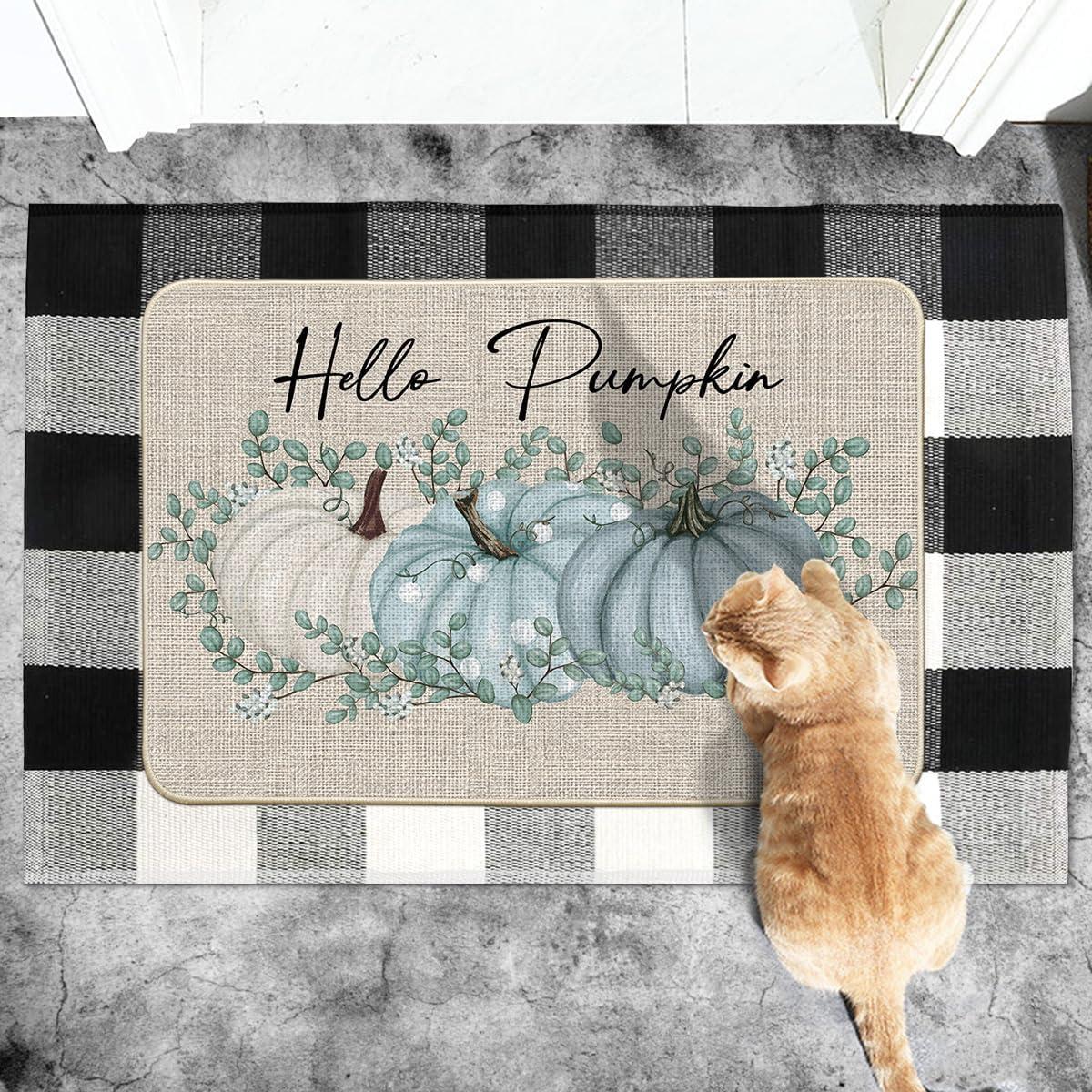 imageArtoid Mode Hello Pumpkin Eucalyptus Fall Doormat Autumn Home Decor LowProfile Switch Rug Door Mat Floor Mat for Indoor Outdoor 17x29 InchBlue