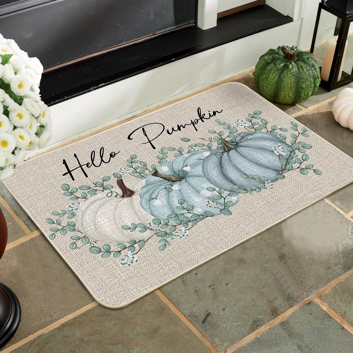 imageArtoid Mode Hello Pumpkin Eucalyptus Fall Doormat Autumn Home Decor LowProfile Switch Rug Door Mat Floor Mat for Indoor Outdoor 17x29 InchBlue