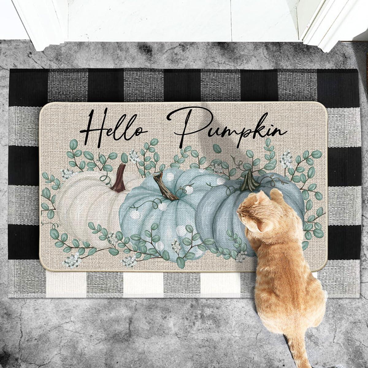 imageArtoid Mode Hello Pumpkin Eucalyptus Fall Doormat Autumn Home Decor LowProfile Switch Rug Door Mat Floor Mat for Indoor Outdoor 17x29 InchBlue