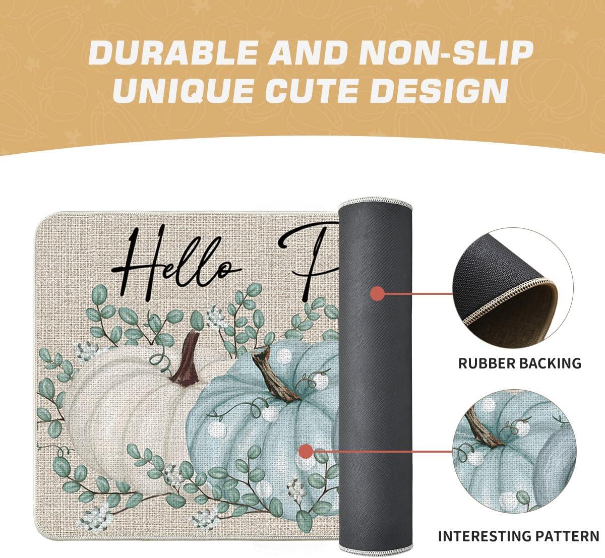 imageArtoid Mode Hello Pumpkin Eucalyptus Fall Doormat Autumn Home Decor LowProfile Switch Rug Door Mat Floor Mat for Indoor Outdoor 17x29 InchBlue