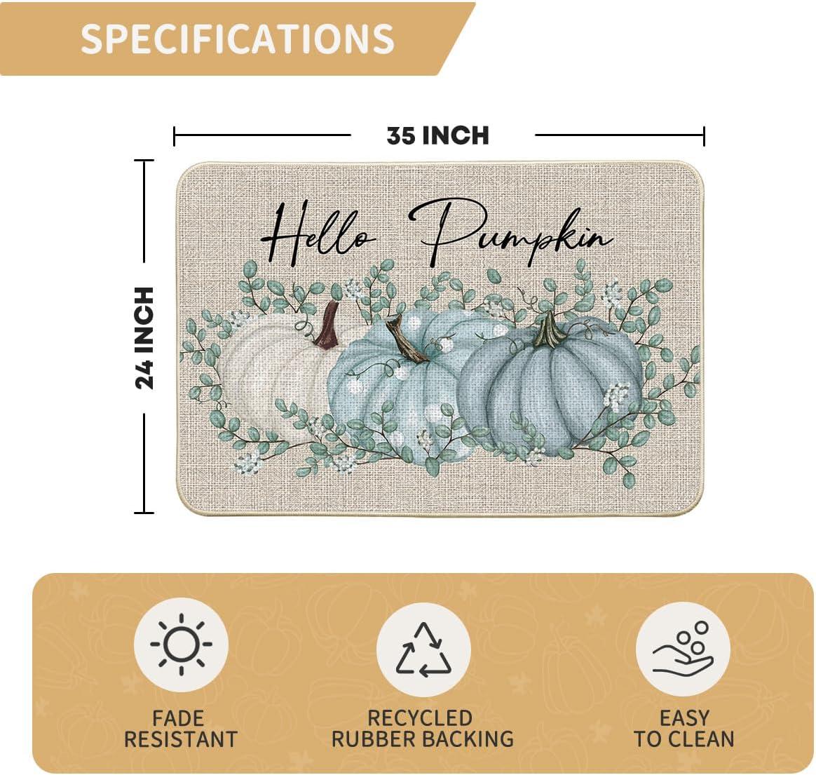imageArtoid Mode Hello Pumpkin Eucalyptus Fall Doormat Autumn Home Decor LowProfile Switch Rug Door Mat Floor Mat for Indoor Outdoor 17x29 InchBlue
