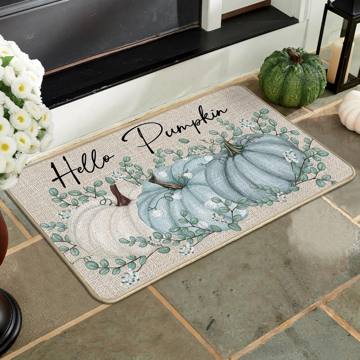 imageArtoid Mode Hello Pumpkin Eucalyptus Fall Doormat Autumn Home Decor LowProfile Switch Rug Door Mat Floor Mat for Indoor Outdoor 17x29 InchBlue