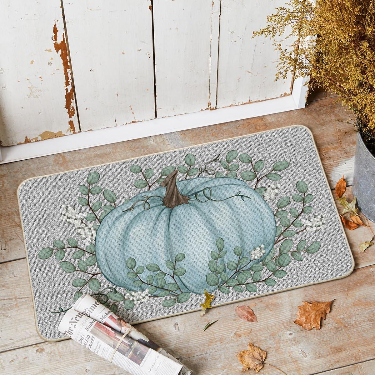 imageArtoid Mode Orange Pumpkin Eucalyptus Fall Doormat Autumn Home Decor LowProfile Switch Rug Door Mat Floor Mat for Indoor Outdoor 17x29 InchBlue