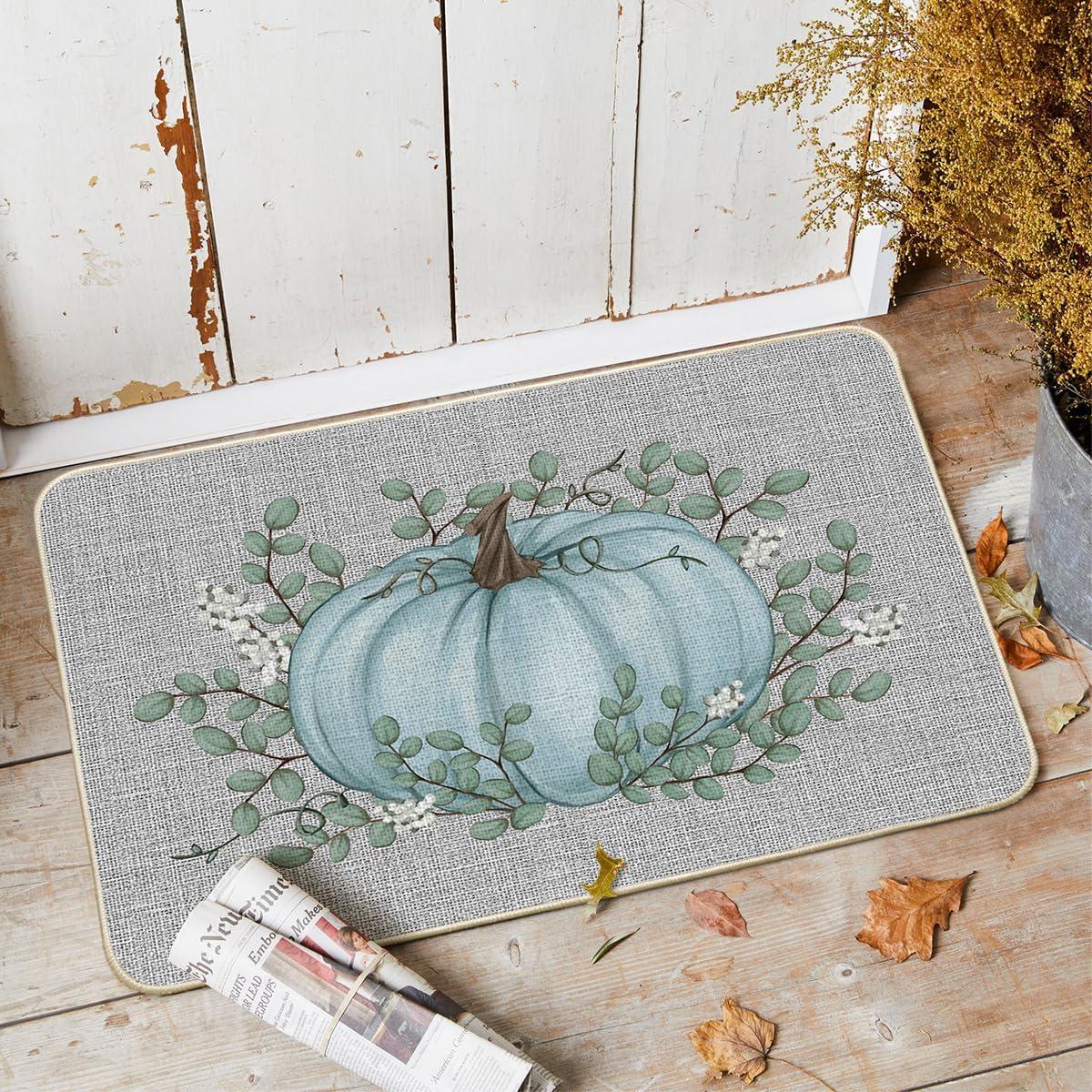 imageArtoid Mode Orange Pumpkin Eucalyptus Fall Doormat Autumn Home Decor LowProfile Switch Rug Door Mat Floor Mat for Indoor Outdoor 17x29 InchBlue