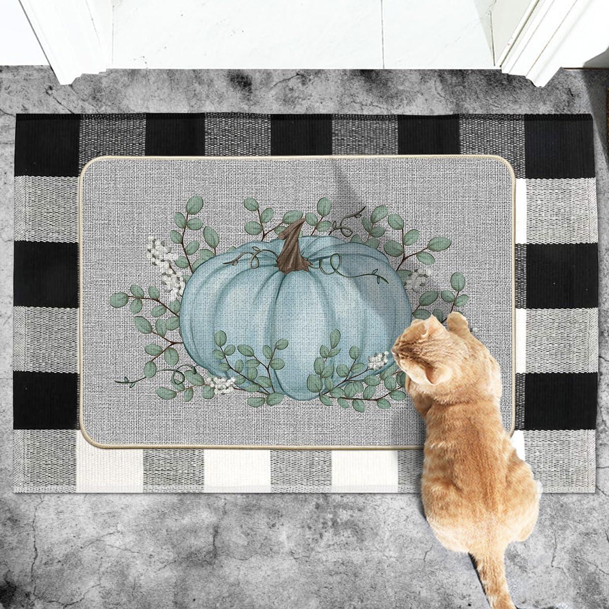 imageArtoid Mode Orange Pumpkin Eucalyptus Fall Doormat Autumn Home Decor LowProfile Switch Rug Door Mat Floor Mat for Indoor Outdoor 17x29 InchBlue