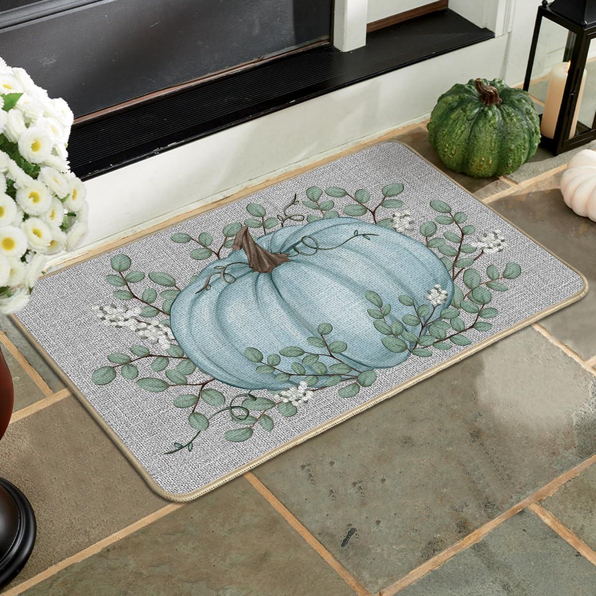 imageArtoid Mode Orange Pumpkin Eucalyptus Fall Doormat Autumn Home Decor LowProfile Switch Rug Door Mat Floor Mat for Indoor Outdoor 17x29 InchBlue