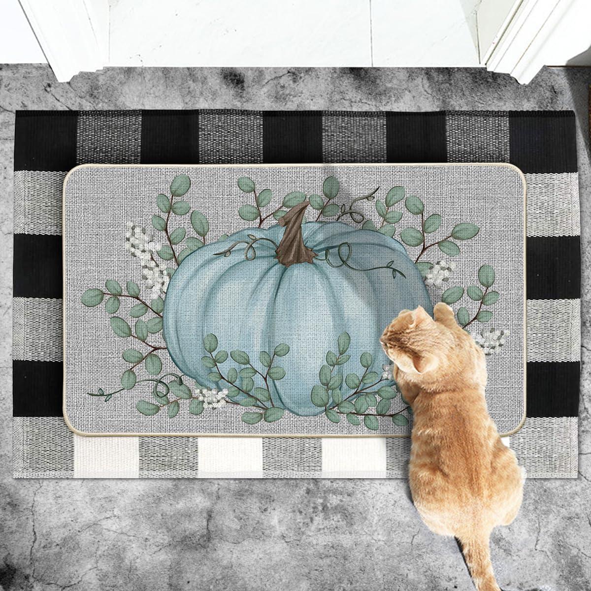 imageArtoid Mode Orange Pumpkin Eucalyptus Fall Doormat Autumn Home Decor LowProfile Switch Rug Door Mat Floor Mat for Indoor Outdoor 17x29 InchBlue