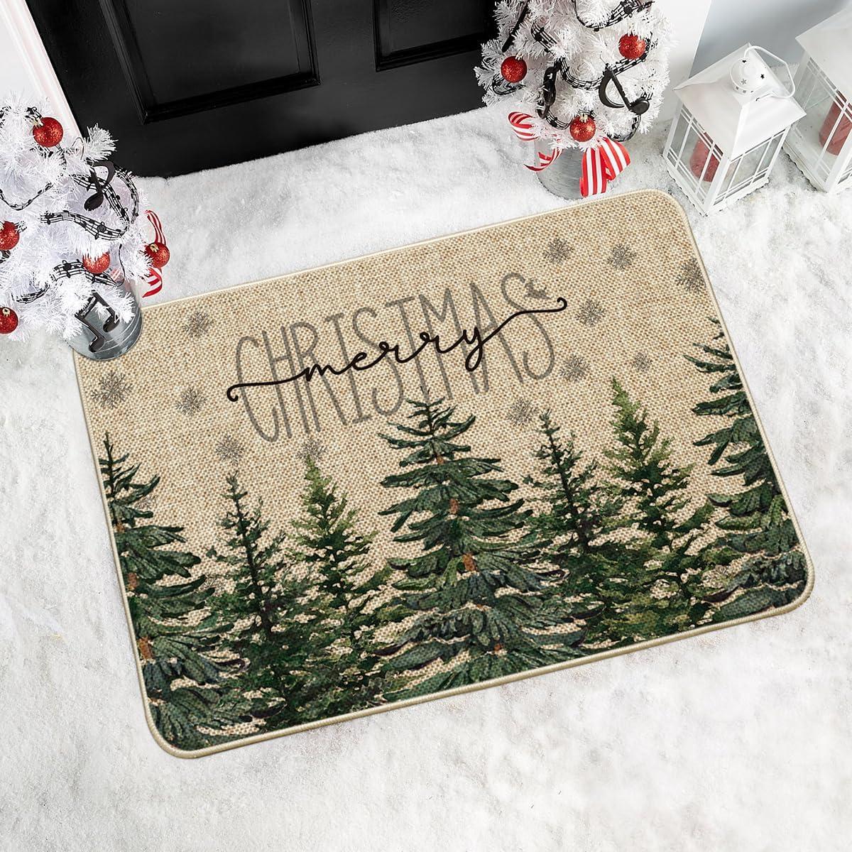 imageArtoid Mode Pine Trees Snowflakes Merry Christmas Welcome Decorative Doormat Seasonal Winter Xmas LowProfile Rug Switch Mat for Outdoor 17x29 InchGreen
