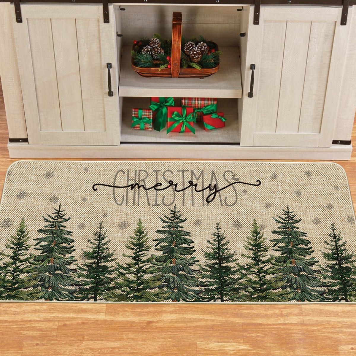 imageArtoid Mode Pine Trees Snowflakes Merry Christmas Welcome Decorative Doormat Seasonal Winter Xmas LowProfile Rug Switch Mat for Outdoor 17x29 InchGreen