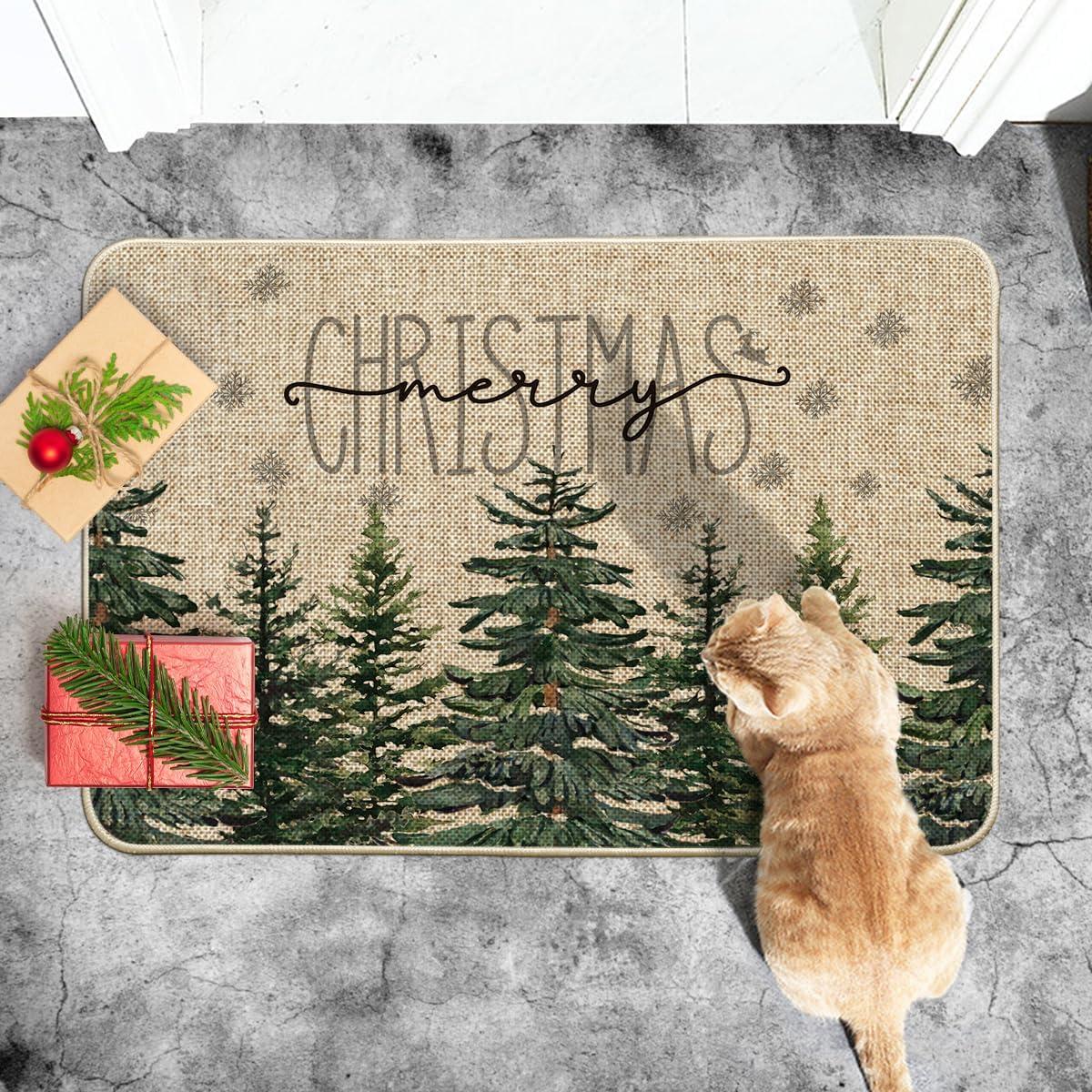 imageArtoid Mode Pine Trees Snowflakes Merry Christmas Welcome Decorative Doormat Seasonal Winter Xmas LowProfile Rug Switch Mat for Outdoor 17x29 InchGreen