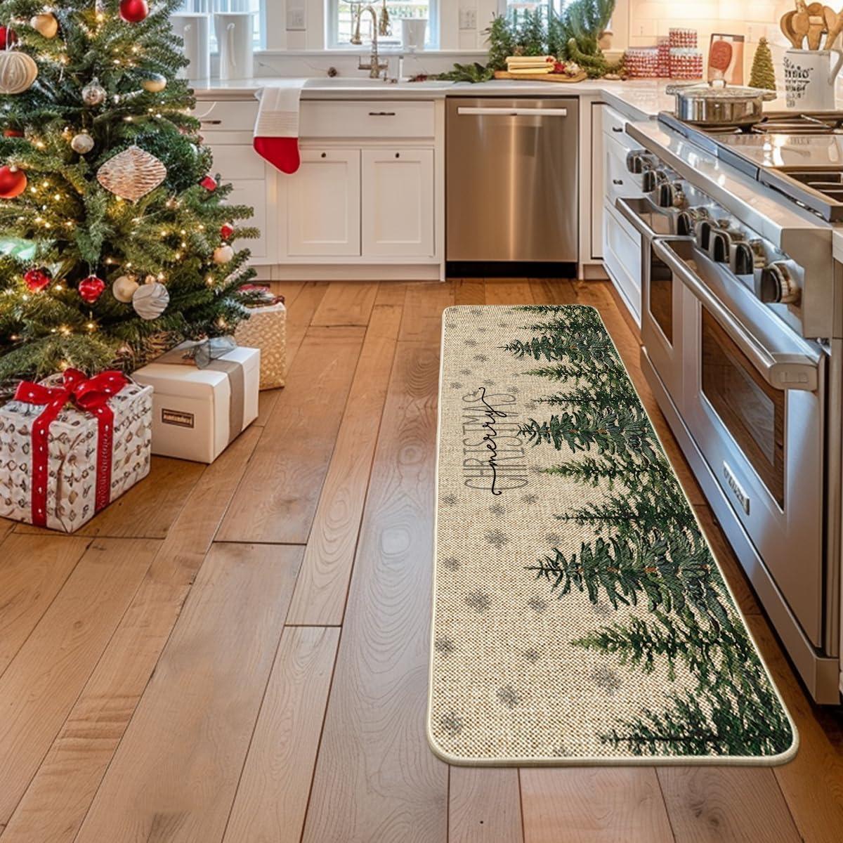 imageArtoid Mode Pine Trees Snowflakes Merry Christmas Welcome Decorative Doormat Seasonal Winter Xmas LowProfile Rug Switch Mat for Outdoor 17x29 InchGreen