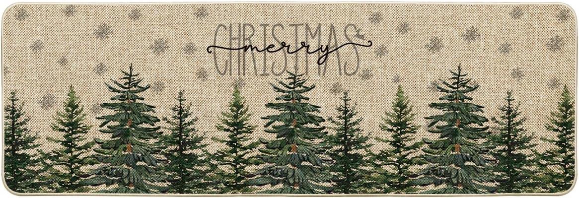 imageArtoid Mode Pine Trees Snowflakes Merry Christmas Welcome Decorative Doormat Seasonal Winter Xmas LowProfile Rug Switch Mat for Outdoor 17x29 InchGreen