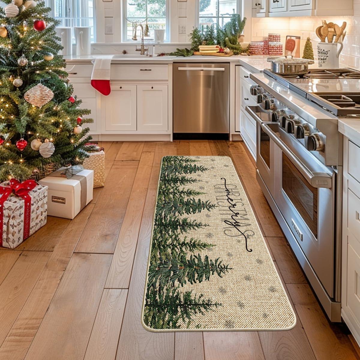 imageArtoid Mode Pine Trees Snowflakes Merry Christmas Welcome Decorative Doormat Seasonal Winter Xmas LowProfile Rug Switch Mat for Outdoor 17x29 InchGreen