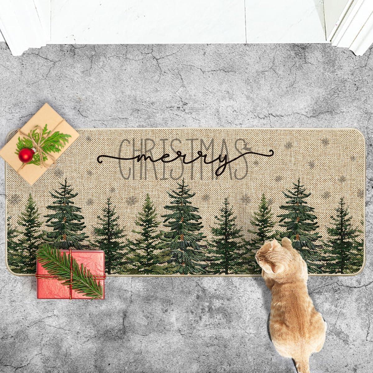 imageArtoid Mode Pine Trees Snowflakes Merry Christmas Welcome Decorative Doormat Seasonal Winter Xmas LowProfile Rug Switch Mat for Outdoor 17x29 InchGreen