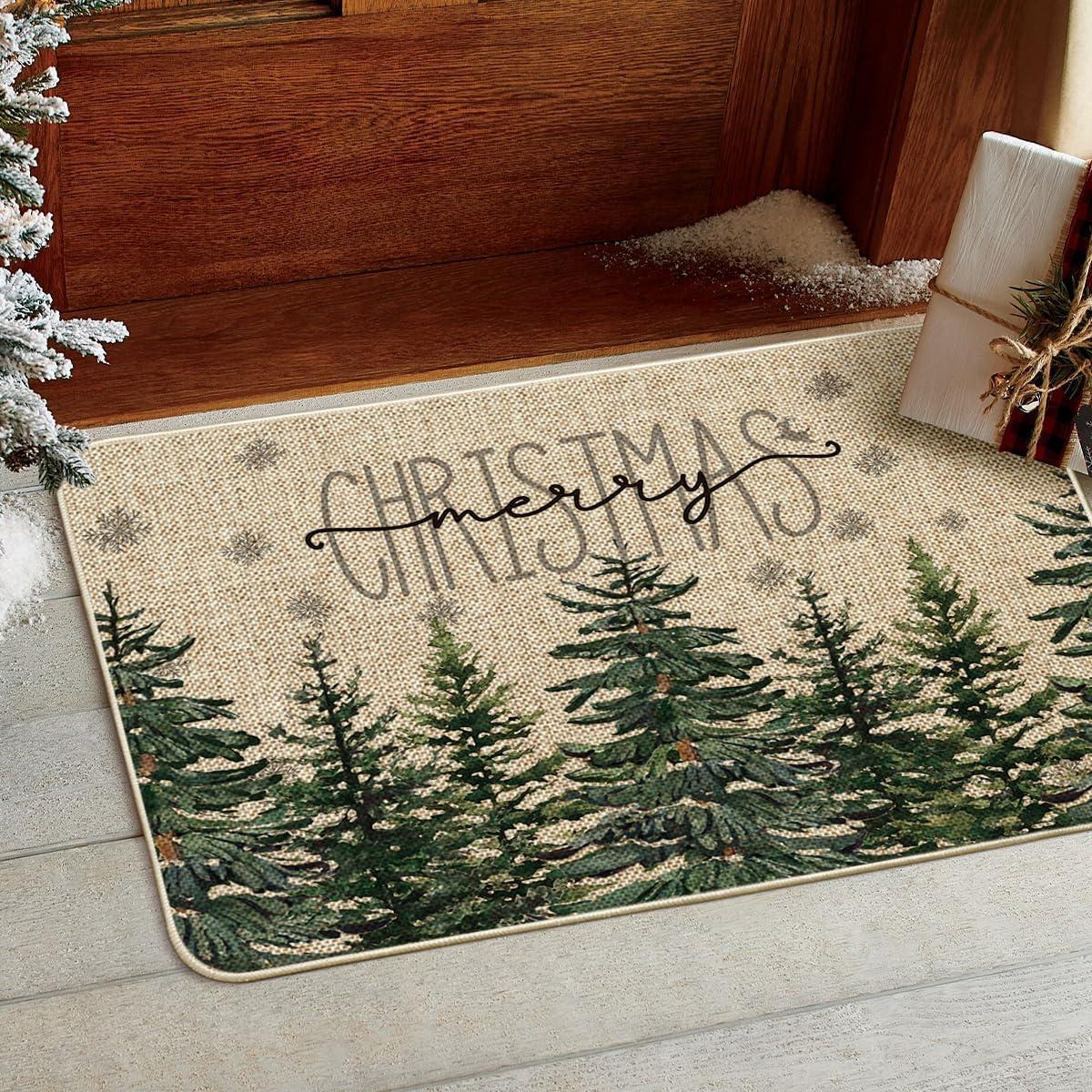 imageArtoid Mode Pine Trees Snowflakes Merry Christmas Welcome Decorative Doormat Seasonal Winter Xmas LowProfile Rug Switch Mat for Outdoor 17x29 InchGreen