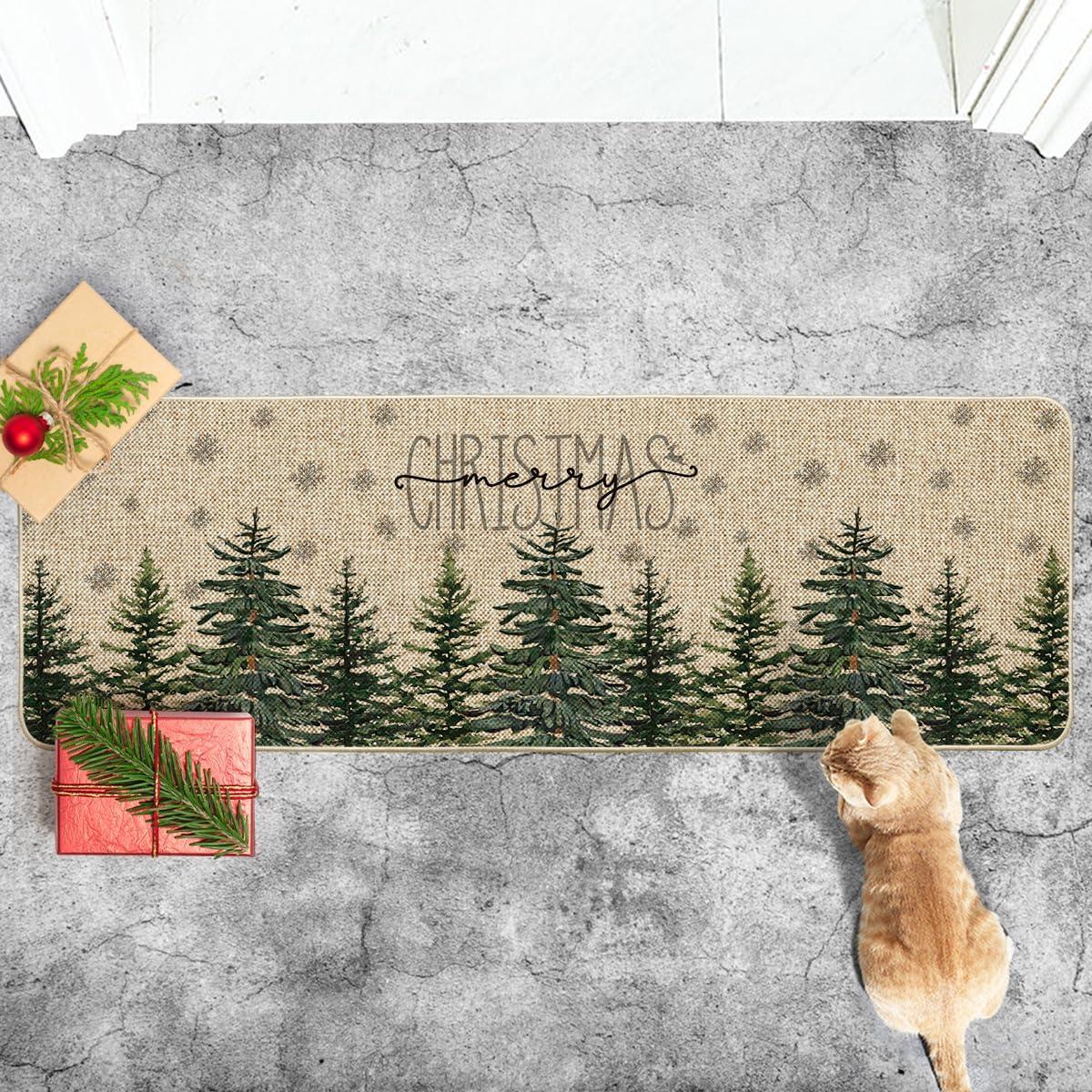 imageArtoid Mode Pine Trees Snowflakes Merry Christmas Welcome Decorative Doormat Seasonal Winter Xmas LowProfile Rug Switch Mat for Outdoor 17x29 InchGreen