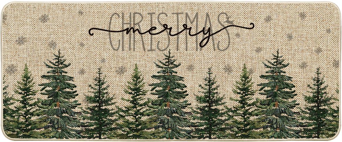 imageArtoid Mode Pine Trees Snowflakes Merry Christmas Welcome Decorative Doormat Seasonal Winter Xmas LowProfile Rug Switch Mat for Outdoor 17x29 InchGreen