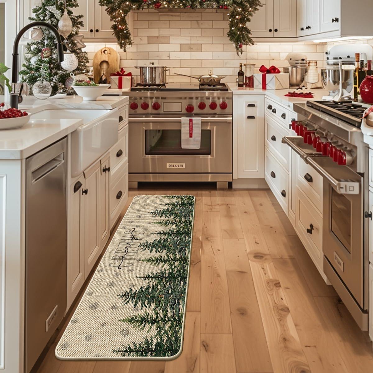 imageArtoid Mode Pine Trees Snowflakes Merry Christmas Welcome Decorative Doormat Seasonal Winter Xmas LowProfile Rug Switch Mat for Outdoor 17x29 InchGreen