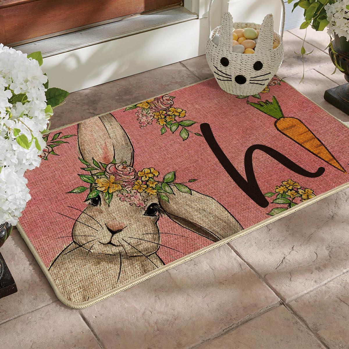 imageArtoid Mode Pink Hi Rabbit Bunny Carrot Flower Easter Doormat Home Decor LowProfile Switch Rug Door Mat Floor Mat for Indoor Outdoor 17x29 Inch