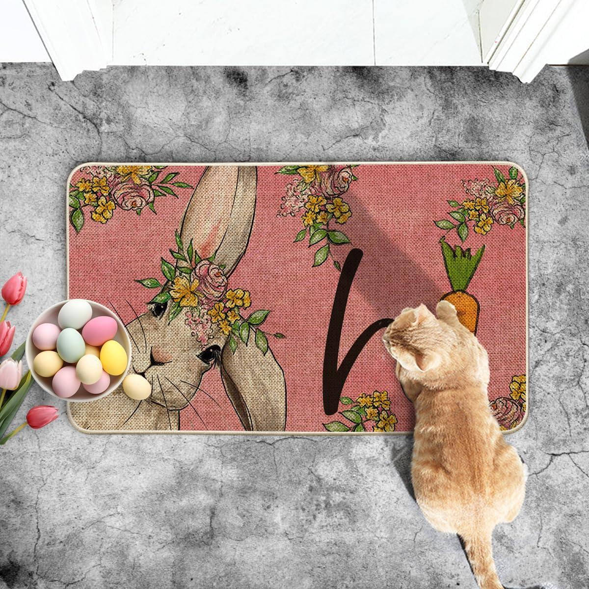 imageArtoid Mode Pink Hi Rabbit Bunny Carrot Flower Easter Doormat Home Decor LowProfile Switch Rug Door Mat Floor Mat for Indoor Outdoor 17x29 Inch