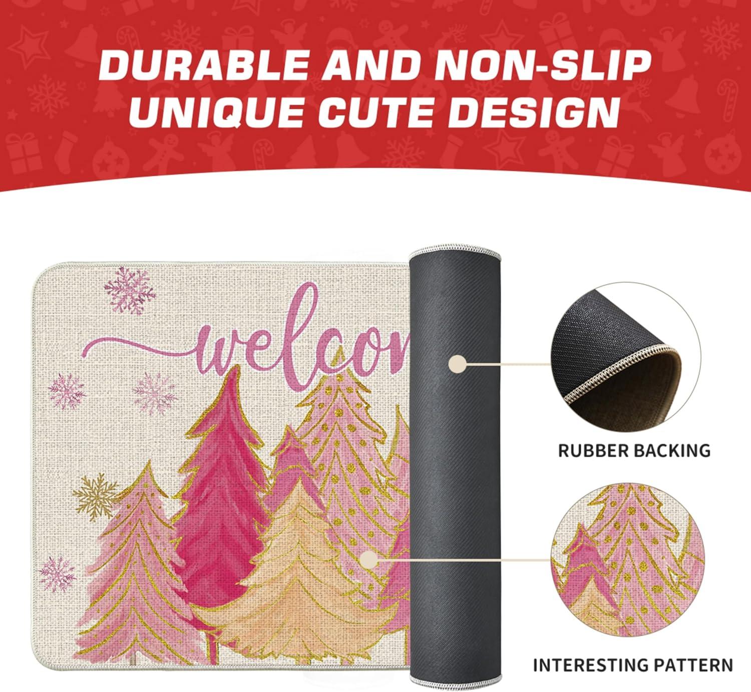 imageArtoid Mode Pink Tree Snowflak Christmas in July Welcome Doormat Winter Home Decor LowProfile Switch Rug Door Mat Floor Mat for Indoor Outdoor 17x29 InchPink