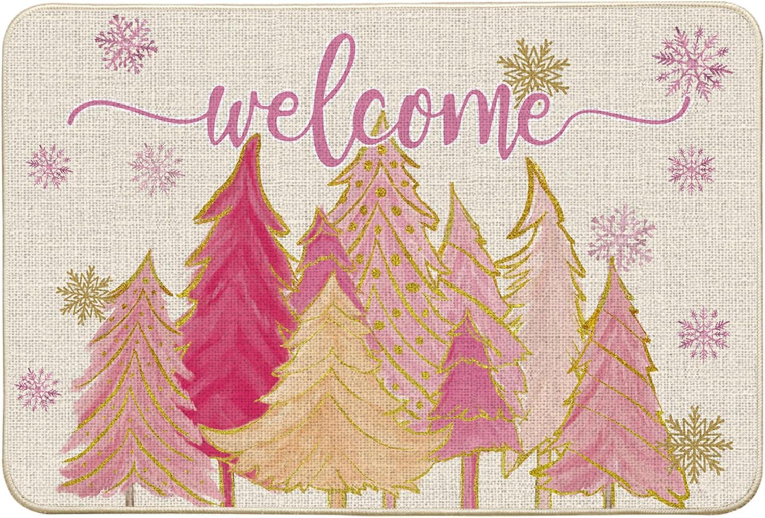 imageArtoid Mode Pink Tree Snowflak Christmas in July Welcome Doormat Winter Home Decor LowProfile Switch Rug Door Mat Floor Mat for Indoor Outdoor 17x29 InchPink