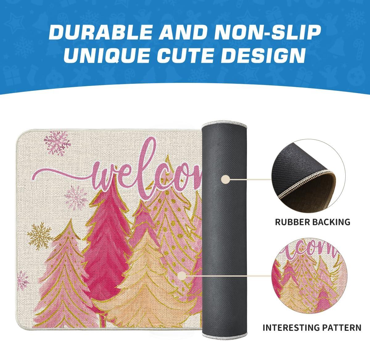 imageArtoid Mode Pink Tree Snowflak Christmas in July Welcome Doormat Winter Home Decor LowProfile Switch Rug Door Mat Floor Mat for Indoor Outdoor 17x29 InchPink