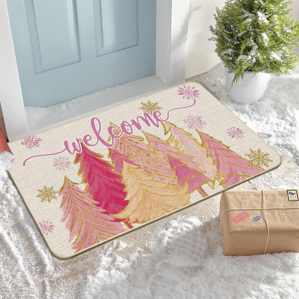 imageArtoid Mode Pink Tree Snowflak Christmas in July Welcome Doormat Winter Home Decor LowProfile Switch Rug Door Mat Floor Mat for Indoor Outdoor 17x29 InchPink
