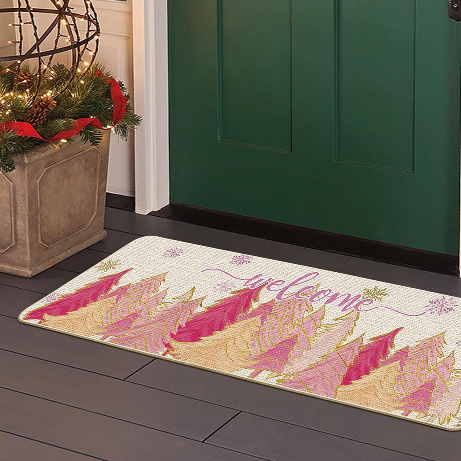 imageArtoid Mode Pink Tree Snowflak Christmas in July Welcome Doormat Winter Home Decor LowProfile Switch Rug Door Mat Floor Mat for Indoor Outdoor 17x29 InchPink