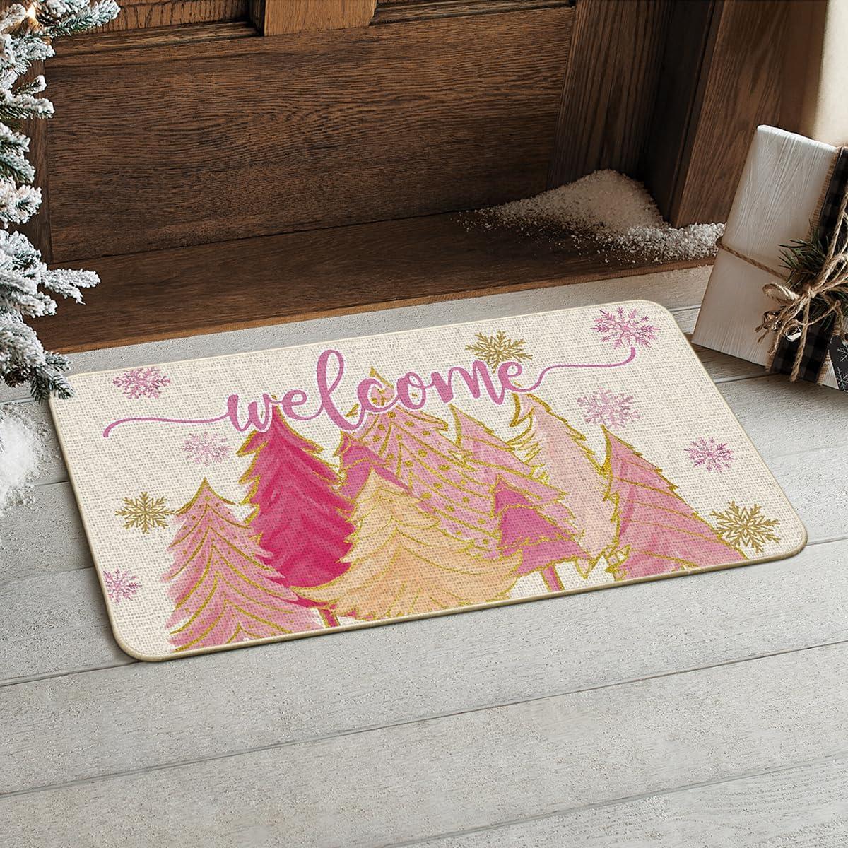 imageArtoid Mode Pink Tree Snowflak Christmas in July Welcome Doormat Winter Home Decor LowProfile Switch Rug Door Mat Floor Mat for Indoor Outdoor 17x29 InchPink