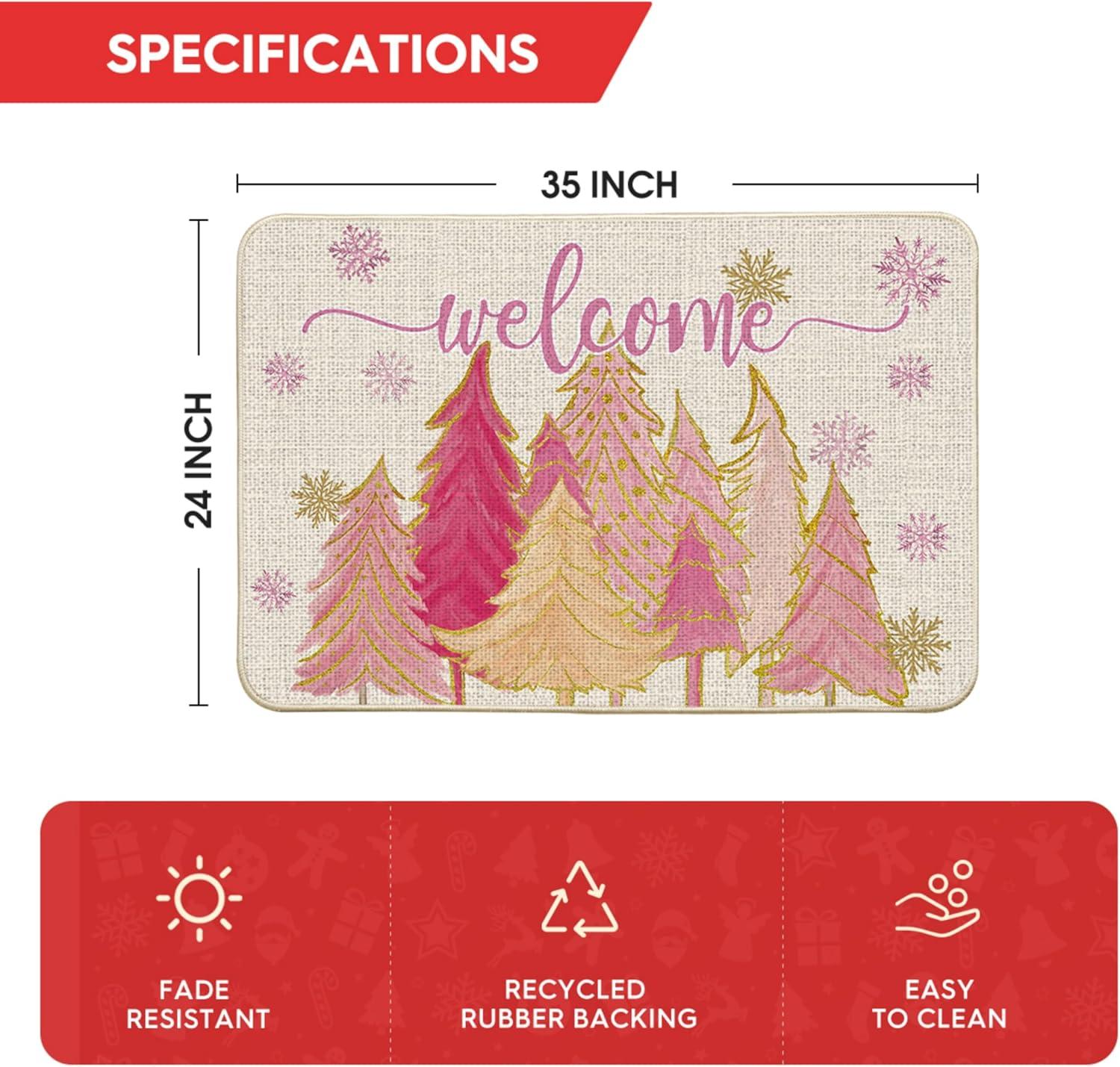 imageArtoid Mode Pink Tree Snowflak Christmas in July Welcome Doormat Winter Home Decor LowProfile Switch Rug Door Mat Floor Mat for Indoor Outdoor 17x29 InchPink