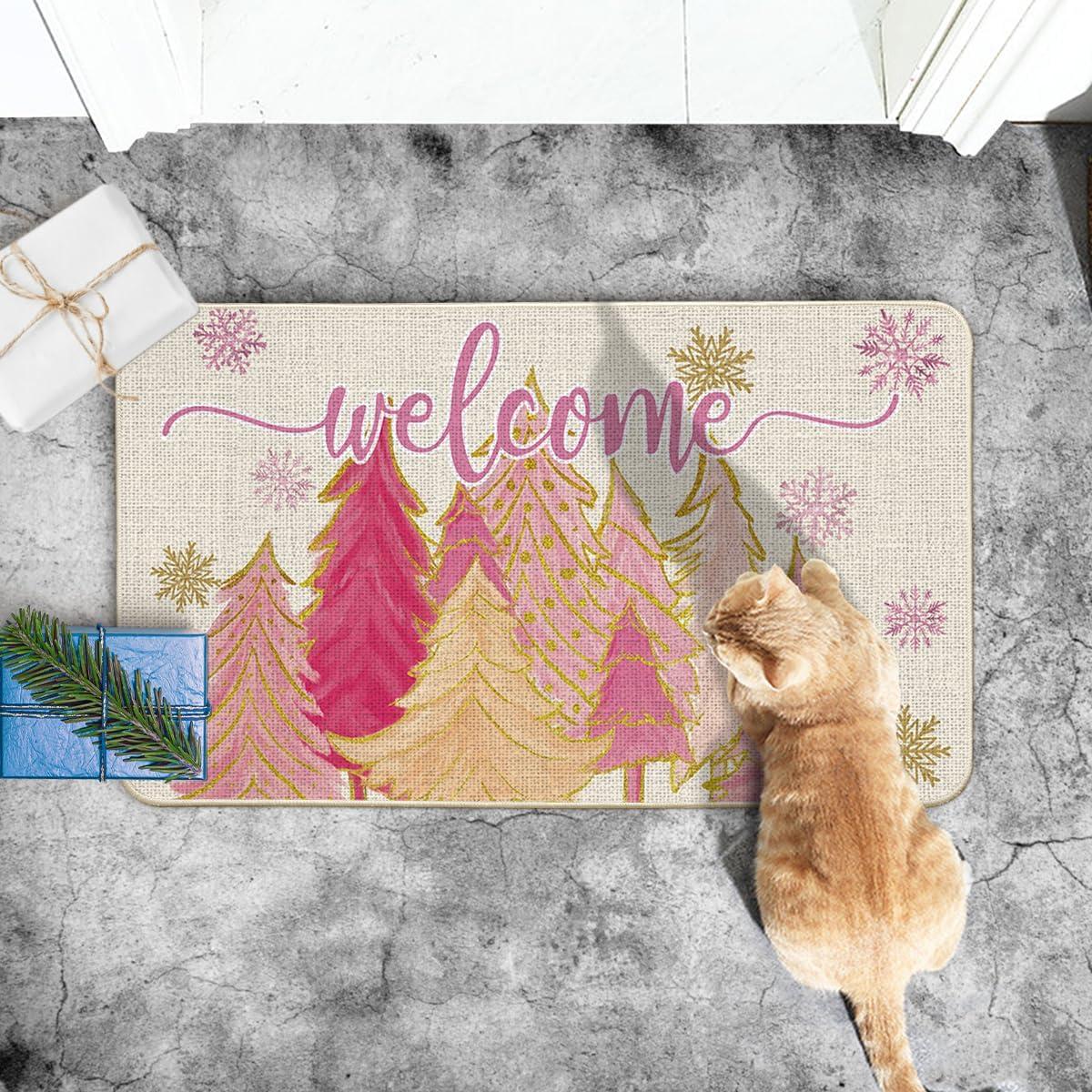 imageArtoid Mode Pink Tree Snowflak Christmas in July Welcome Doormat Winter Home Decor LowProfile Switch Rug Door Mat Floor Mat for Indoor Outdoor 17x29 InchPink