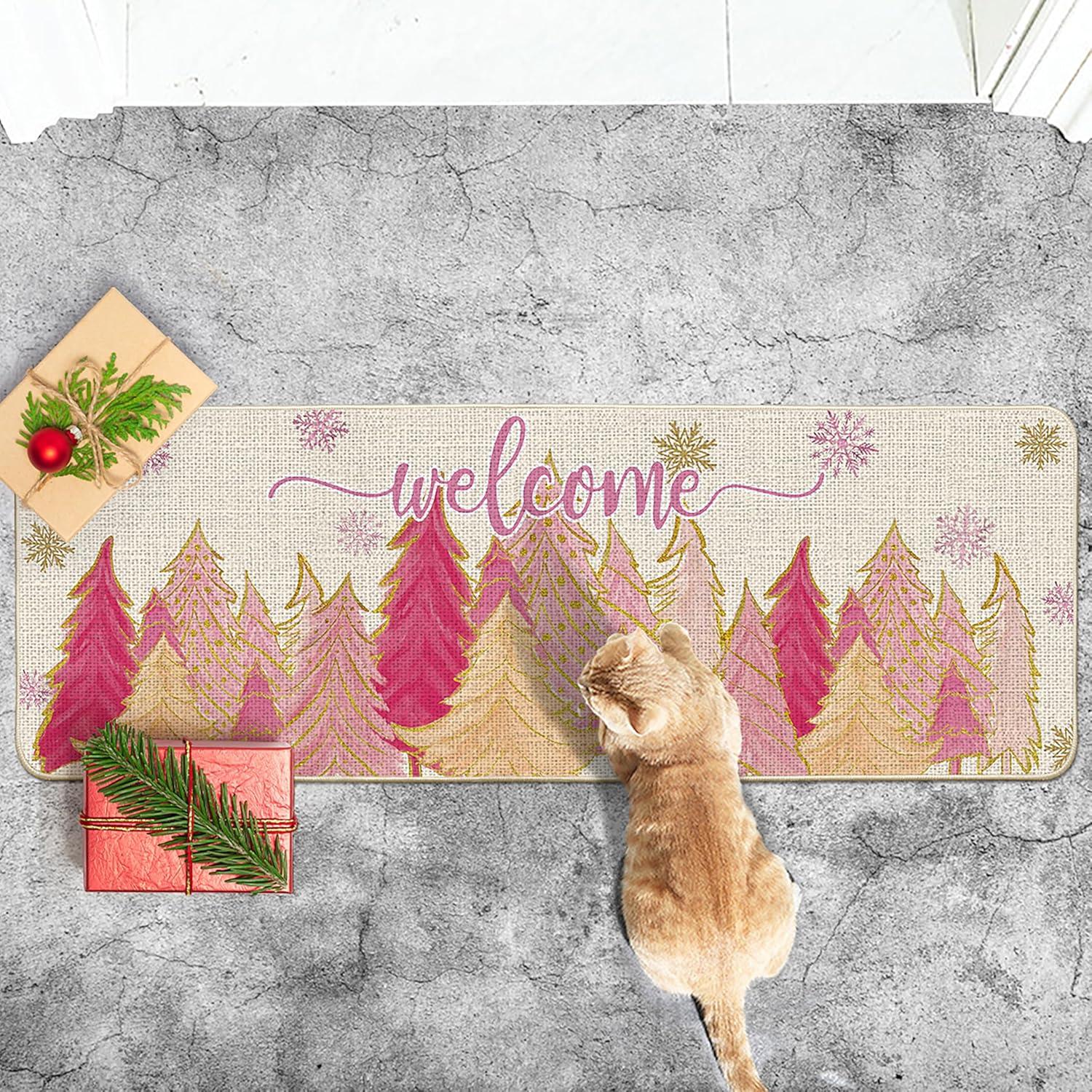 imageArtoid Mode Pink Tree Snowflak Christmas in July Welcome Doormat Winter Home Decor LowProfile Switch Rug Door Mat Floor Mat for Indoor Outdoor 17x29 InchPink