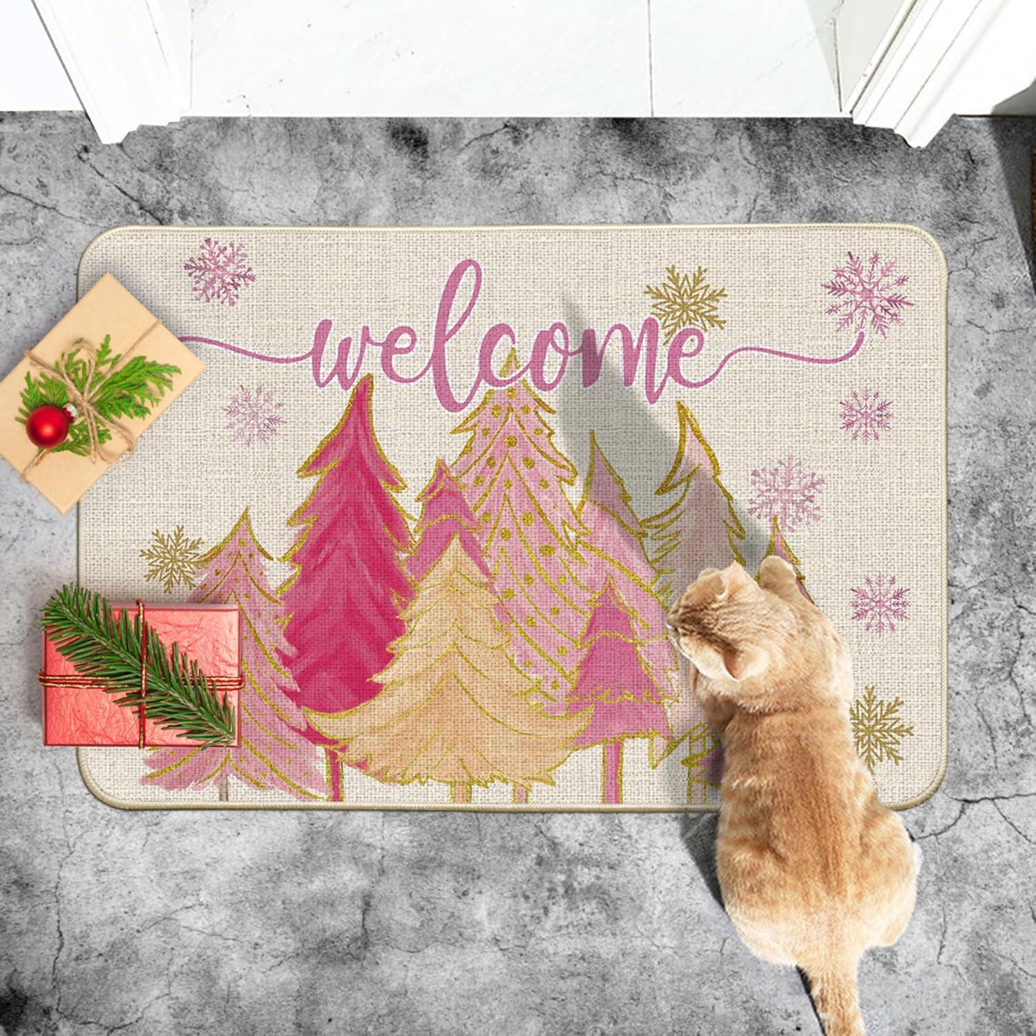 imageArtoid Mode Pink Tree Snowflak Christmas in July Welcome Doormat Winter Home Decor LowProfile Switch Rug Door Mat Floor Mat for Indoor Outdoor 17x29 InchPink