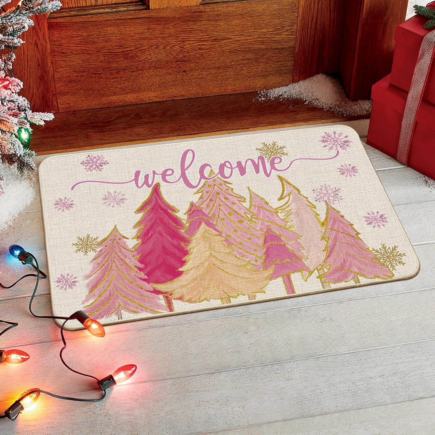 imageArtoid Mode Pink Tree Snowflak Christmas in July Welcome Doormat Winter Home Decor LowProfile Switch Rug Door Mat Floor Mat for Indoor Outdoor 17x29 InchPink