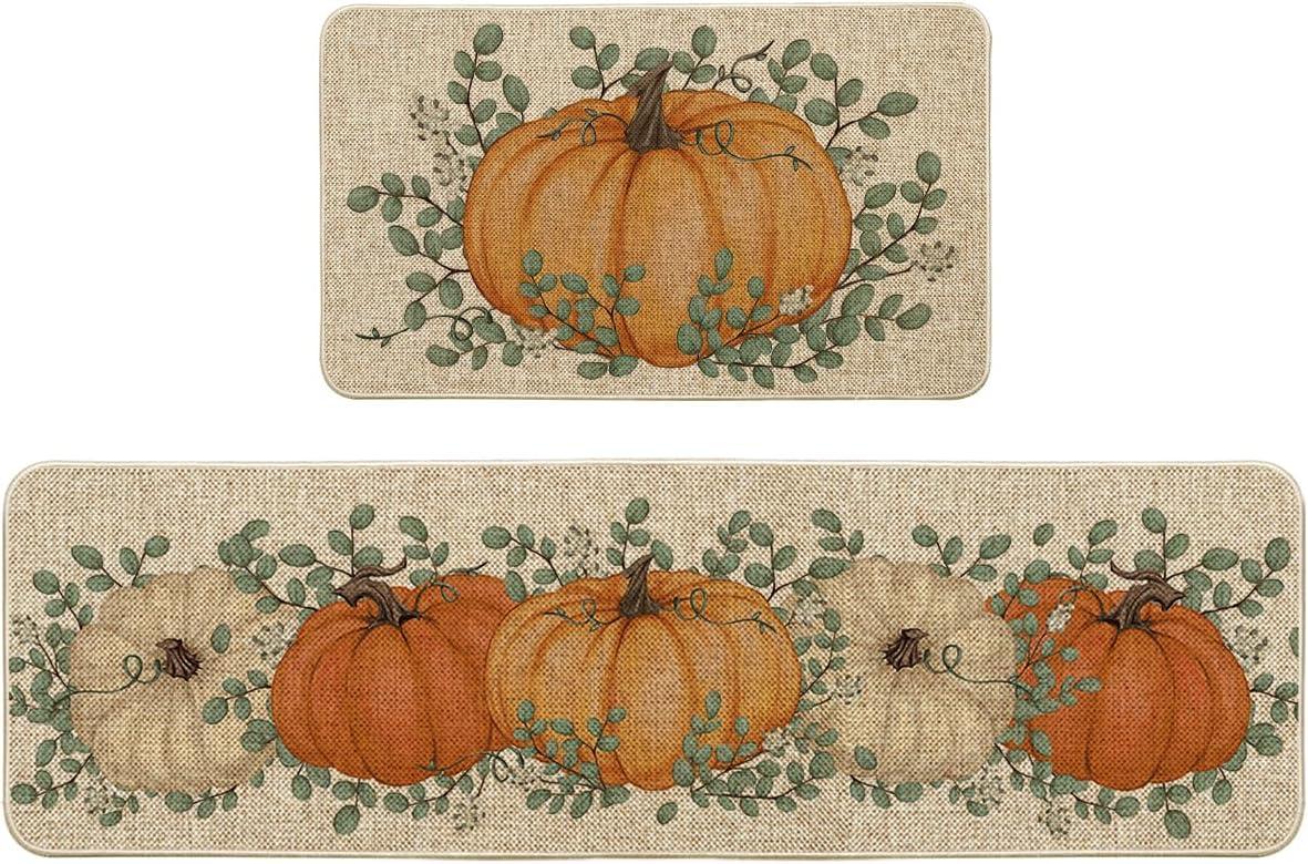 imageArtoid Mode Pumpkin Eucalyptus Fall Kitchen Mats Set of 2 Home Decor LowProfile Kitchen Rugs for Floor 17x29 and 17x47 InchOrange