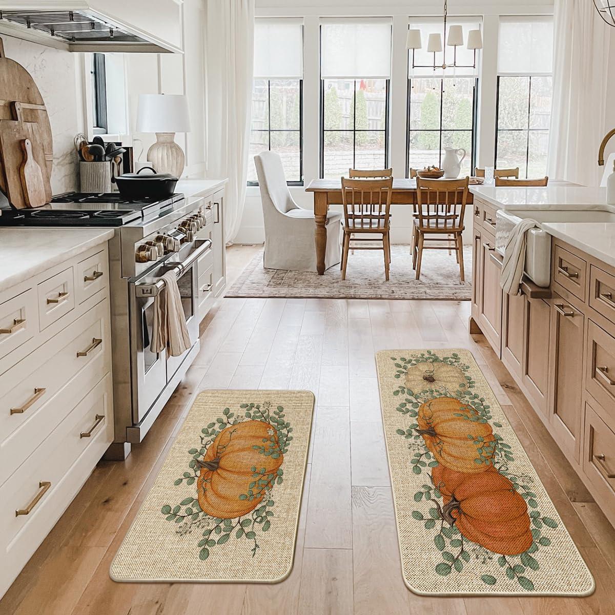 imageArtoid Mode Pumpkin Eucalyptus Fall Kitchen Mats Set of 2 Home Decor LowProfile Kitchen Rugs for Floor 17x29 and 17x47 InchOrange